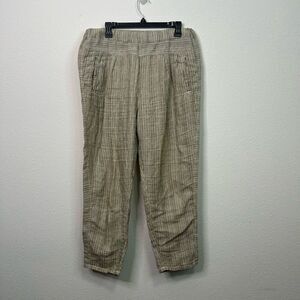 Anthropologie Olive Green White Stripe Tapered 100% Linen Pull On Pants Size M